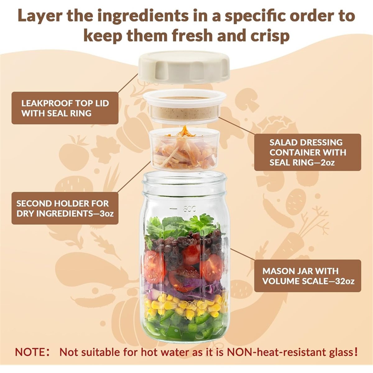 A67T NEW 4 Pack Glass Salad Ja - огляд і ціна Meal Prep Jars With Lids